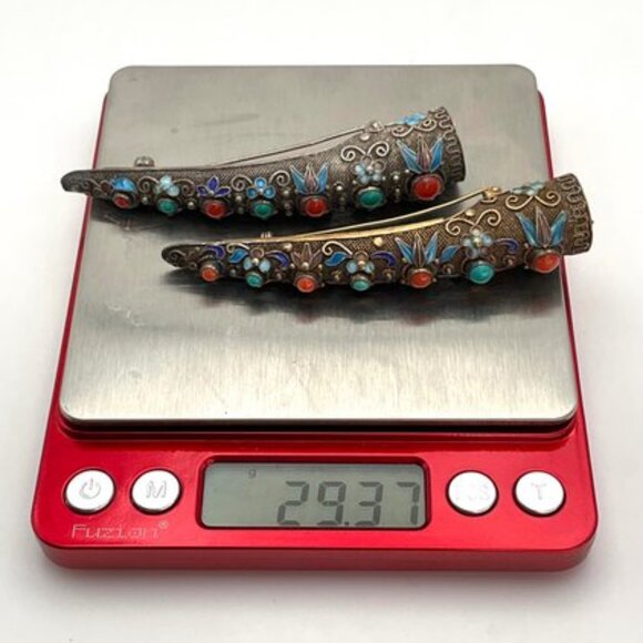 Set Of 2 Antique Chinese Silver Fingernail Guards Pins. Turquoise Coral Stones - Picture 5 of 5